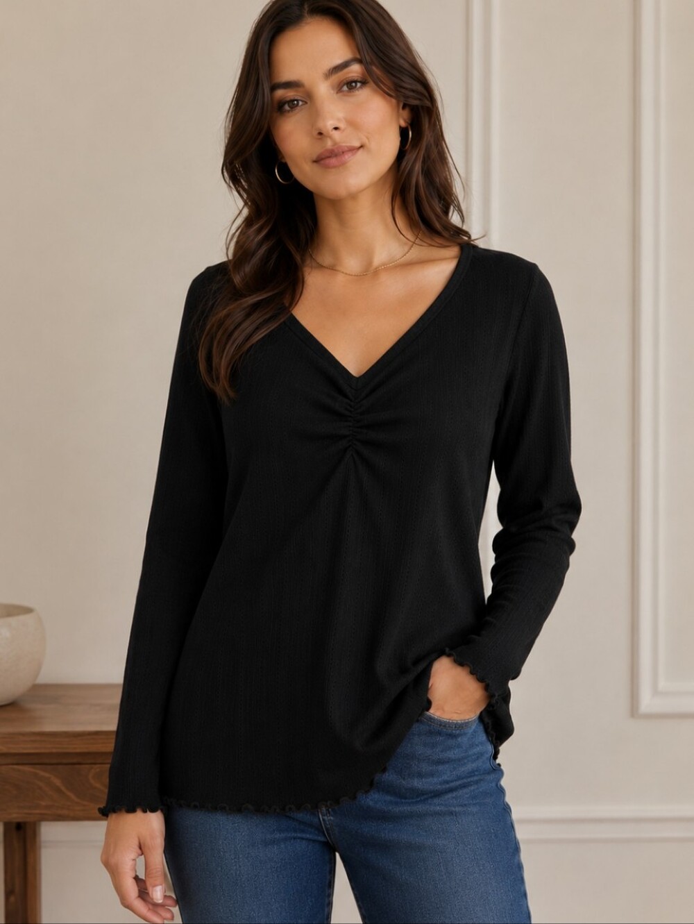 LOFT - SIZE XXL - Ruched V - Neck Long Sleeve Sweater - Black